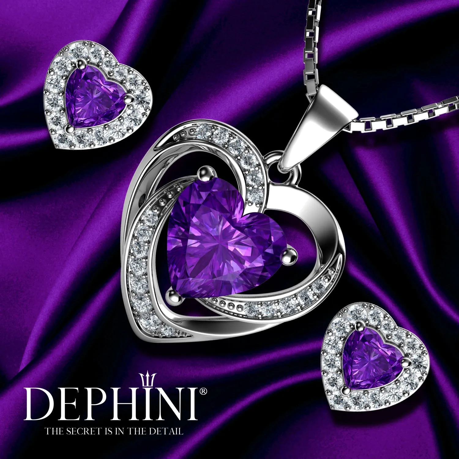 DEPHINI Purple Jewellery SET Heart Necklace & Heart Earrings Silver