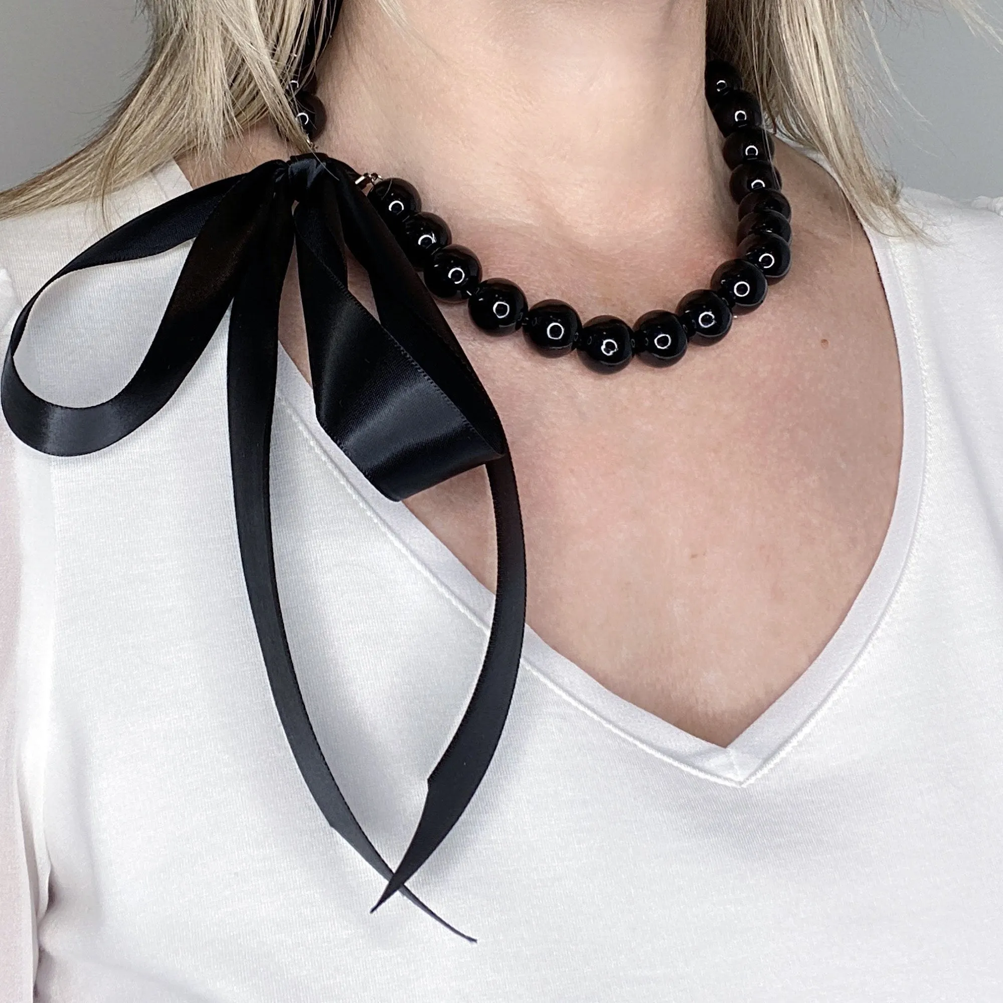 ELORA black pearl ribbon tie necklace (more colours available)