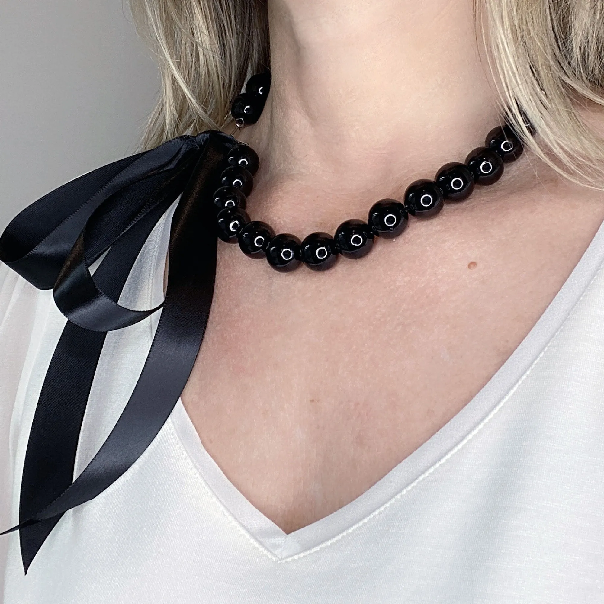 ELORA black pearl ribbon tie necklace (more colours available)