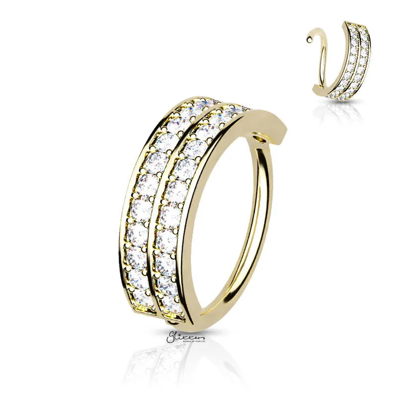 Embedded C.Z Double Lined Half Circle Bendable Hoop Ring - Gold