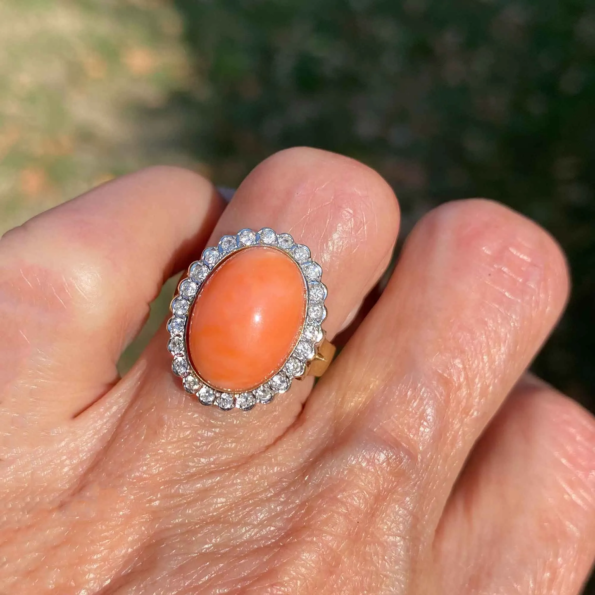 Estate Diamond Halo Coral Cabochon Cocktail Ring