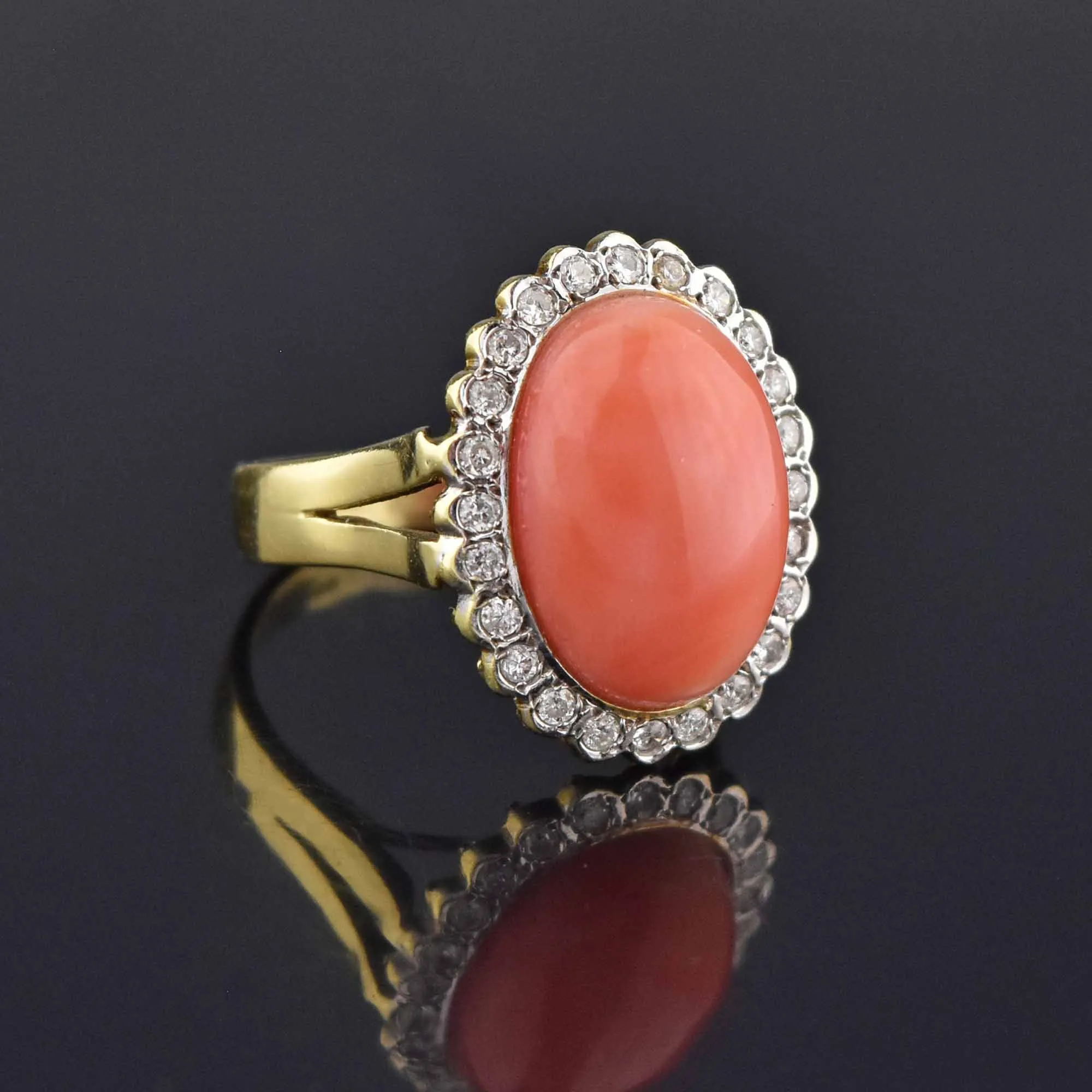 Estate Diamond Halo Coral Cabochon Cocktail Ring