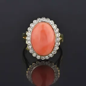 Estate Diamond Halo Coral Cabochon Cocktail Ring