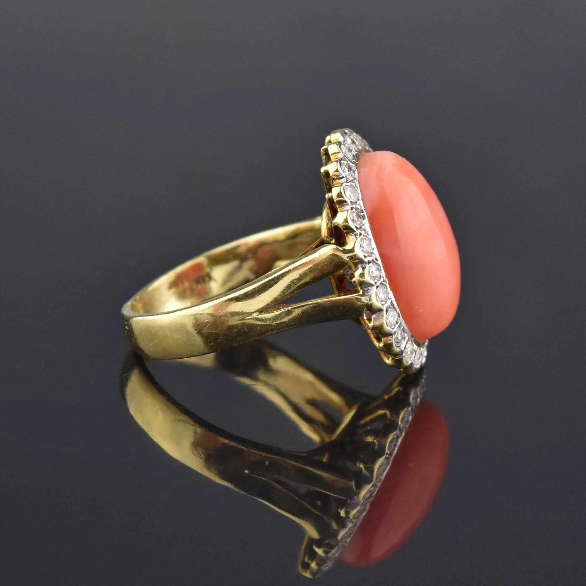 Estate Diamond Halo Coral Cabochon Cocktail Ring