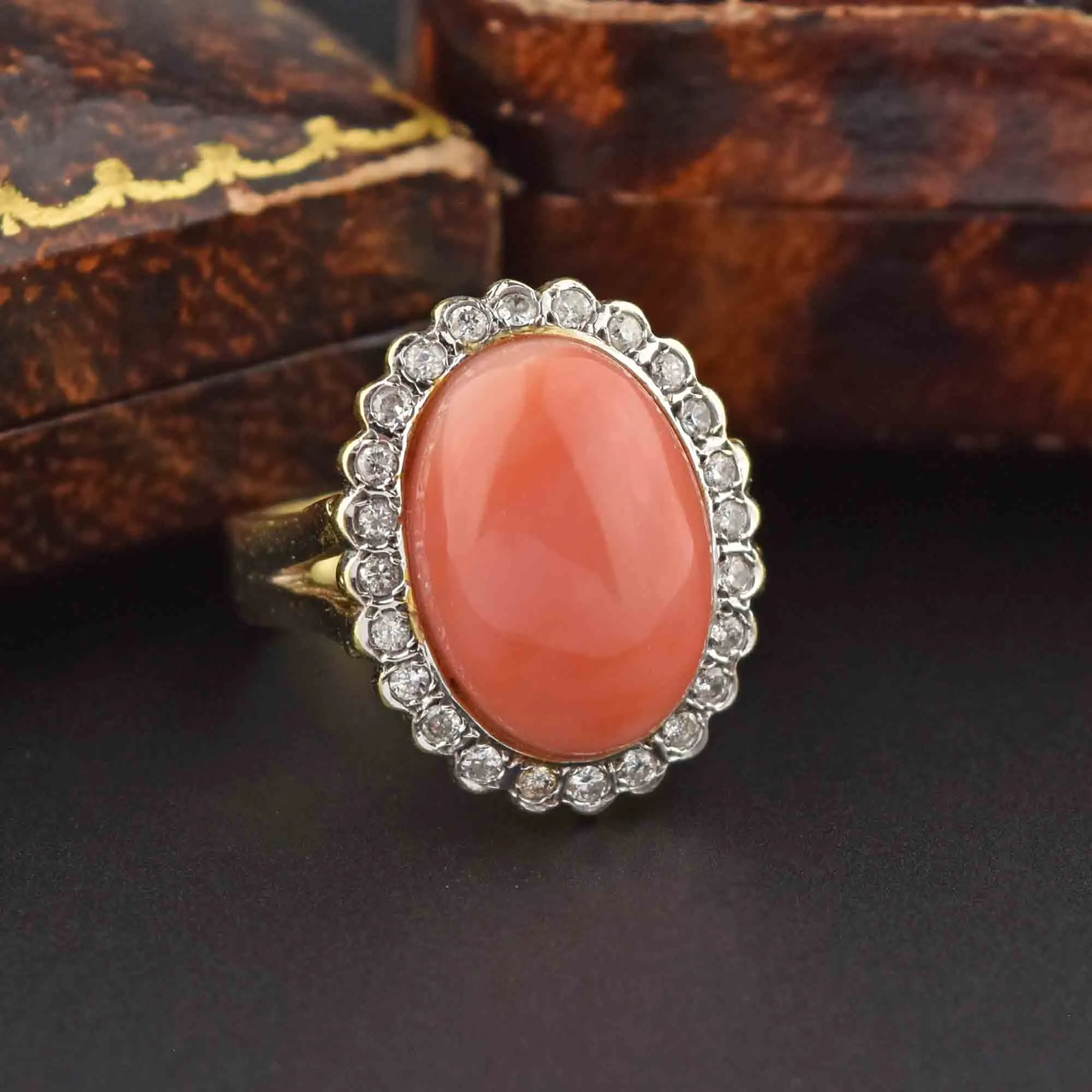 Estate Diamond Halo Coral Cabochon Cocktail Ring