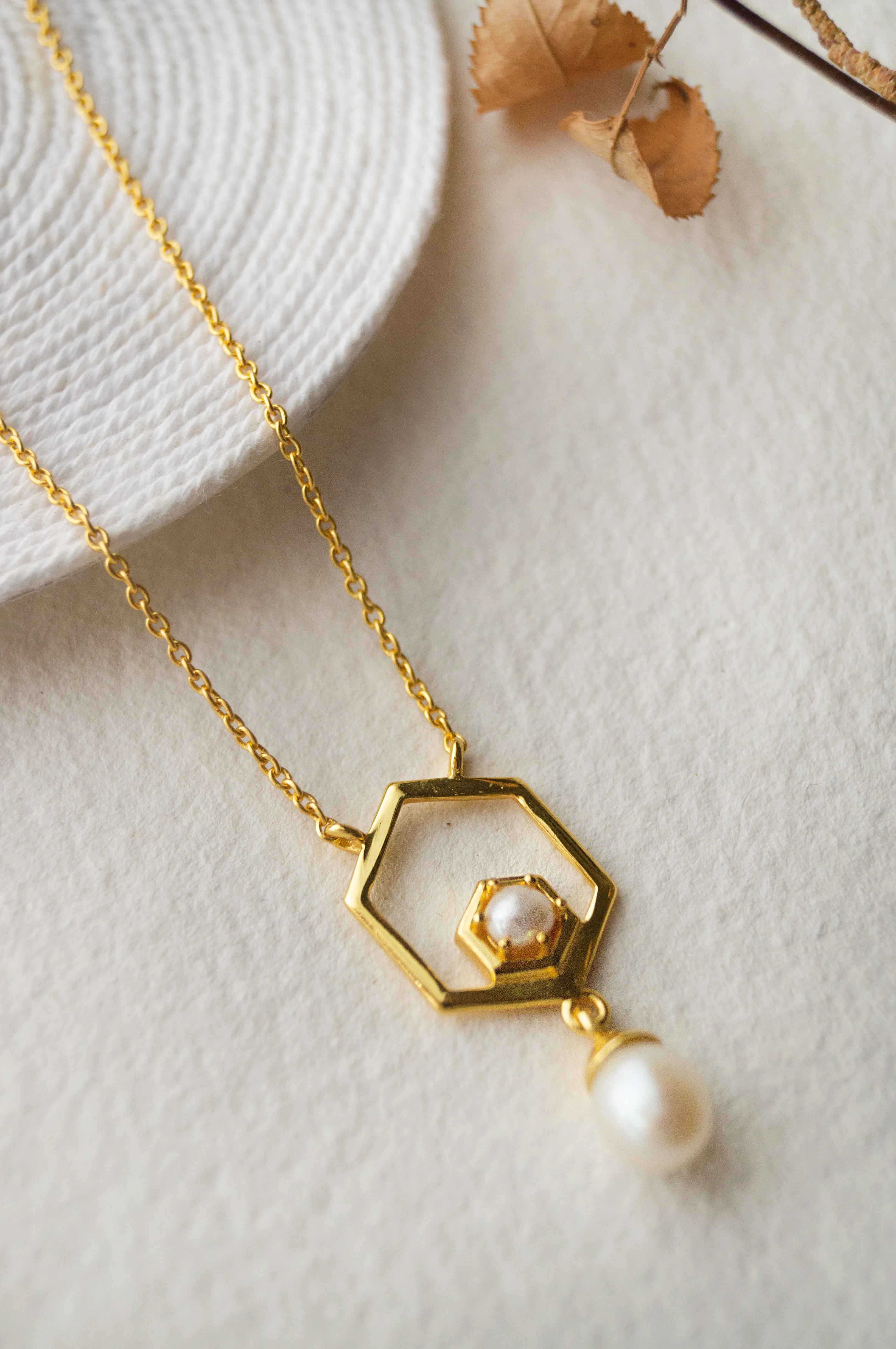 Exquisite Hexagonal Gold Plated Pearl Sterling Silver Droplet Necklace