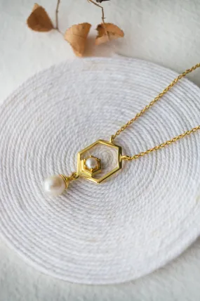 Exquisite Hexagonal Gold Plated Pearl Sterling Silver Droplet Necklace