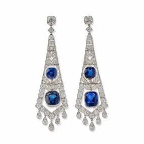 French Art Deco AGL Natural No-Heat Sapphire and Diamond Pendant Earrings