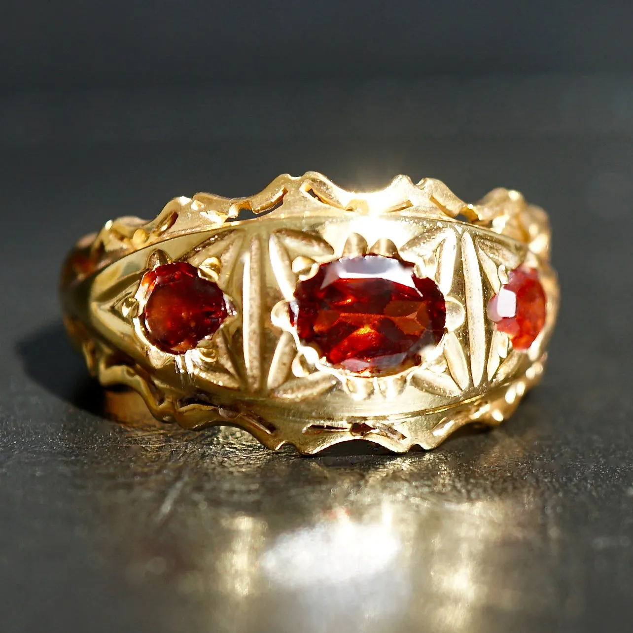 Garnet three-stone Band Ring 18K Yellow Gold Plated Silver Handmade Unique Jewelry