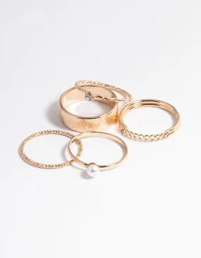 Gold Pearl & Diamante Mix Ring 5-Pack