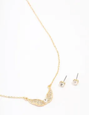 Gold Plated Diamante Heart Wing Necklace & Stud Earring Set