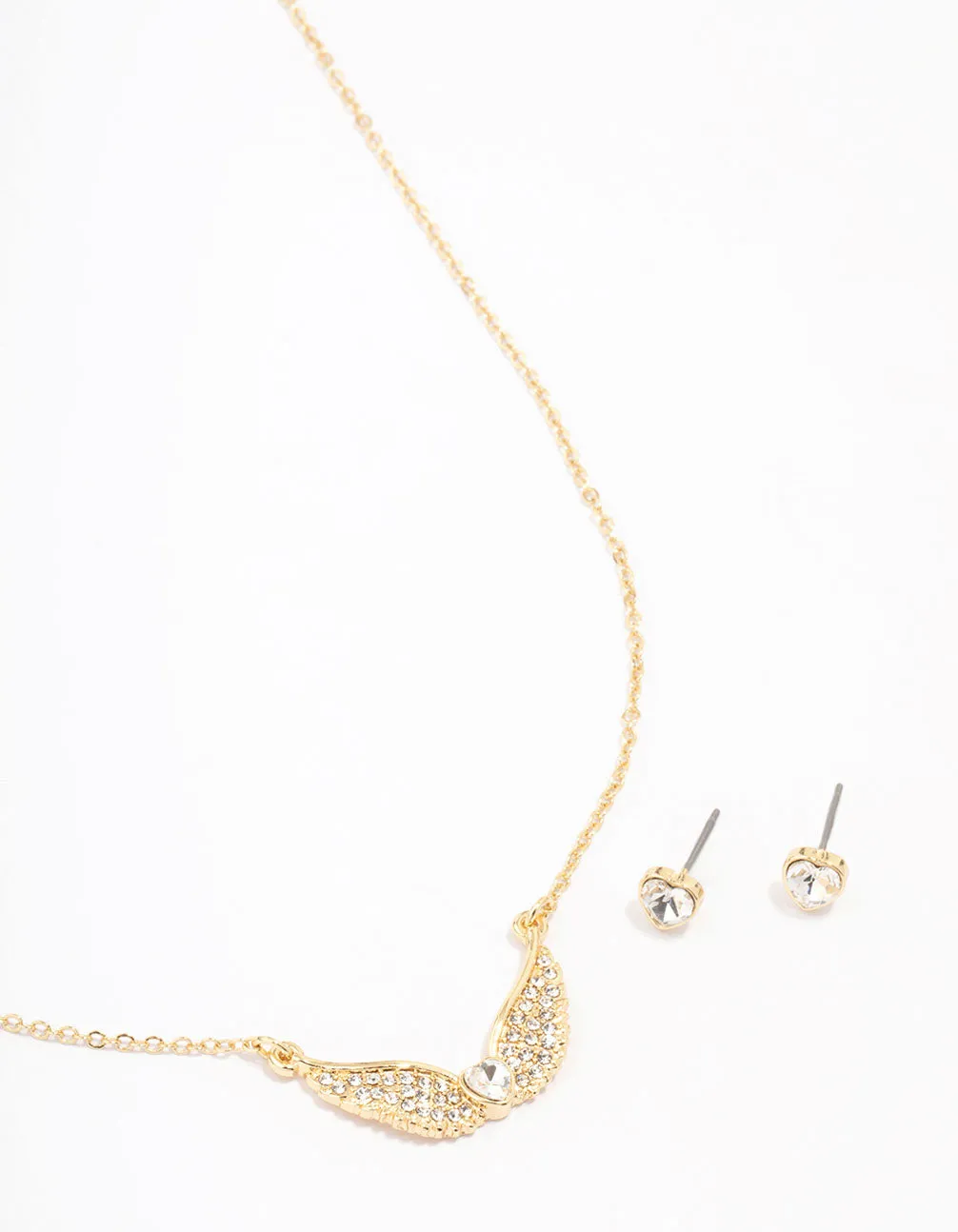 Gold Plated Diamante Heart Wing Necklace & Stud Earring Set