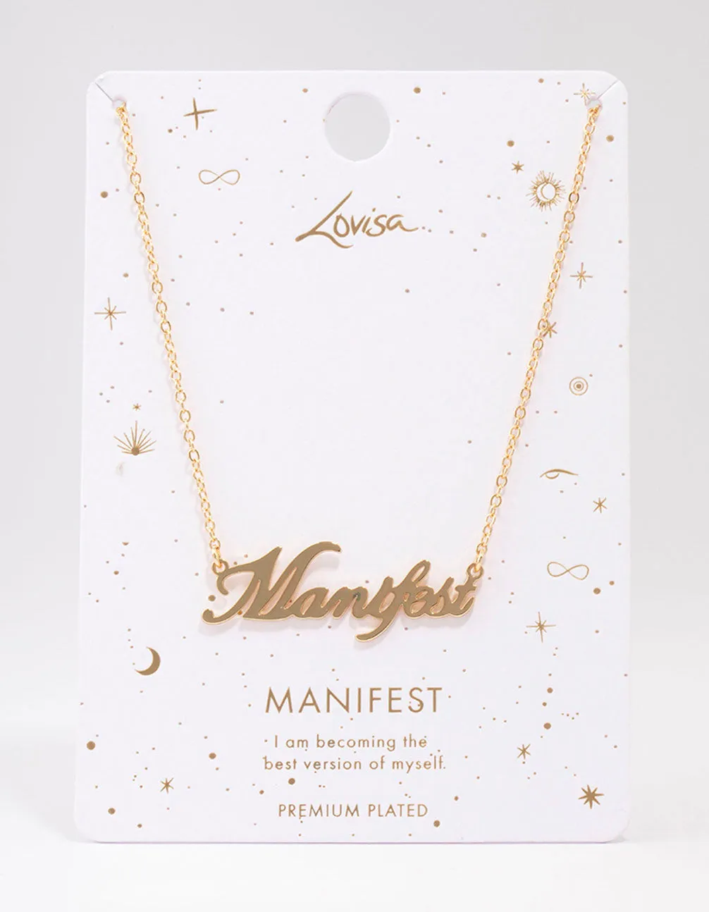 Gold Plated Manifest Script Necklace all