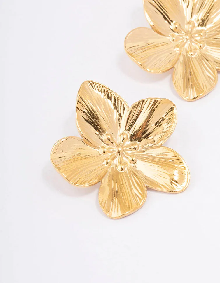 Gold Plated Stainless Steel Textured Flower Stud Earrings