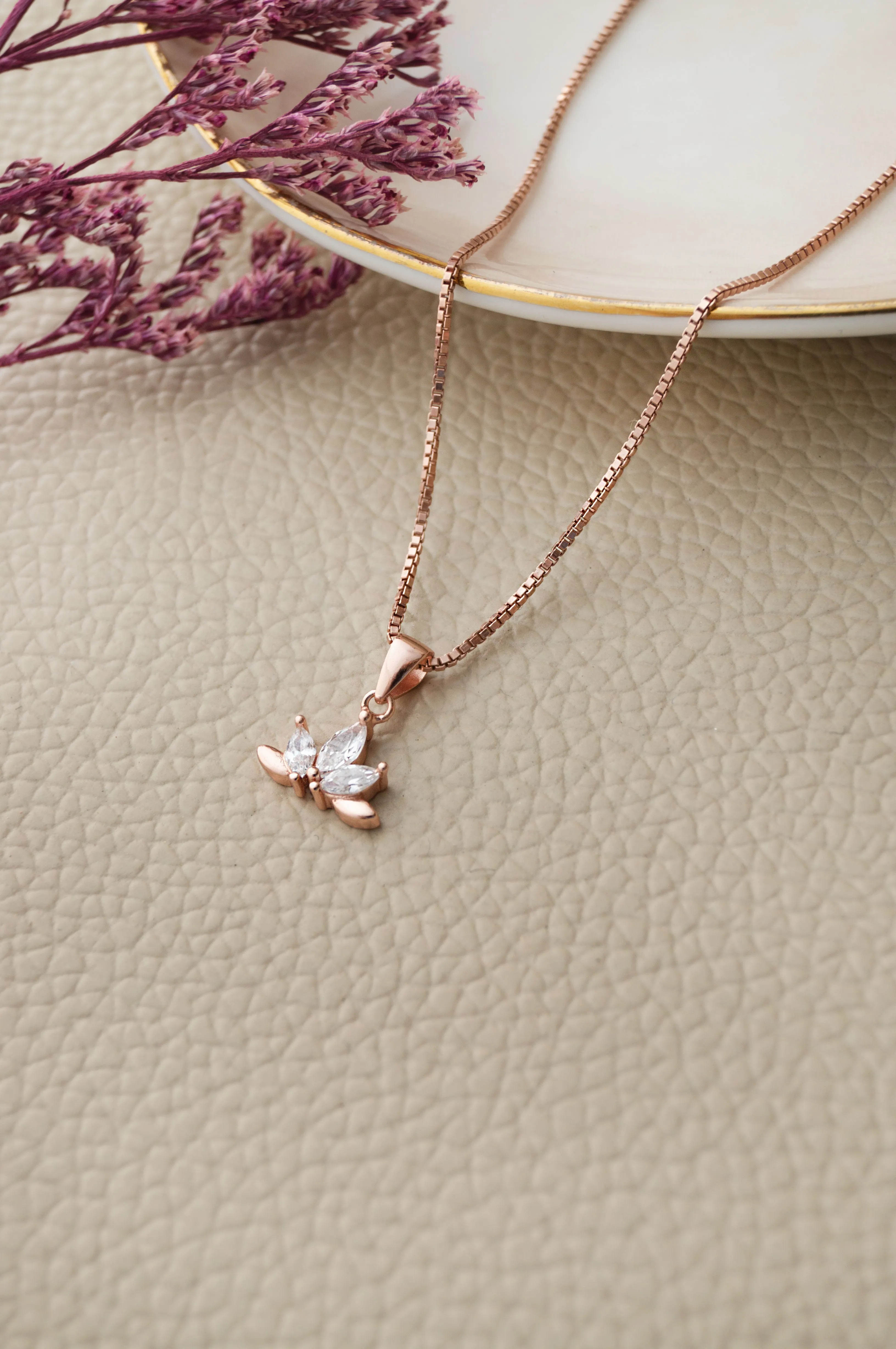 Half Flower Rose Gold Plated Sterling Silver Pendant Set