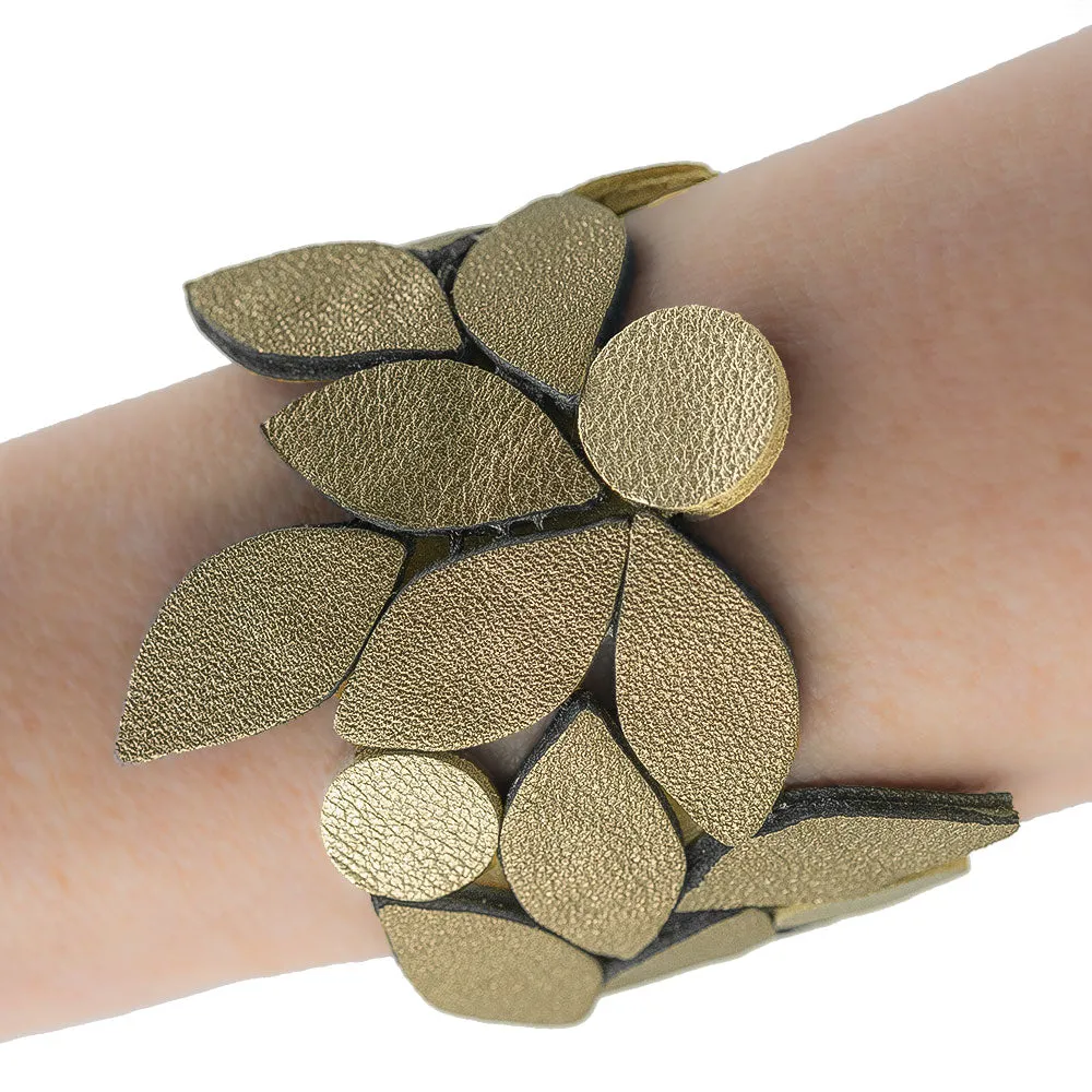 Handmade Leather Sparkling Gold Leaves Bracelet