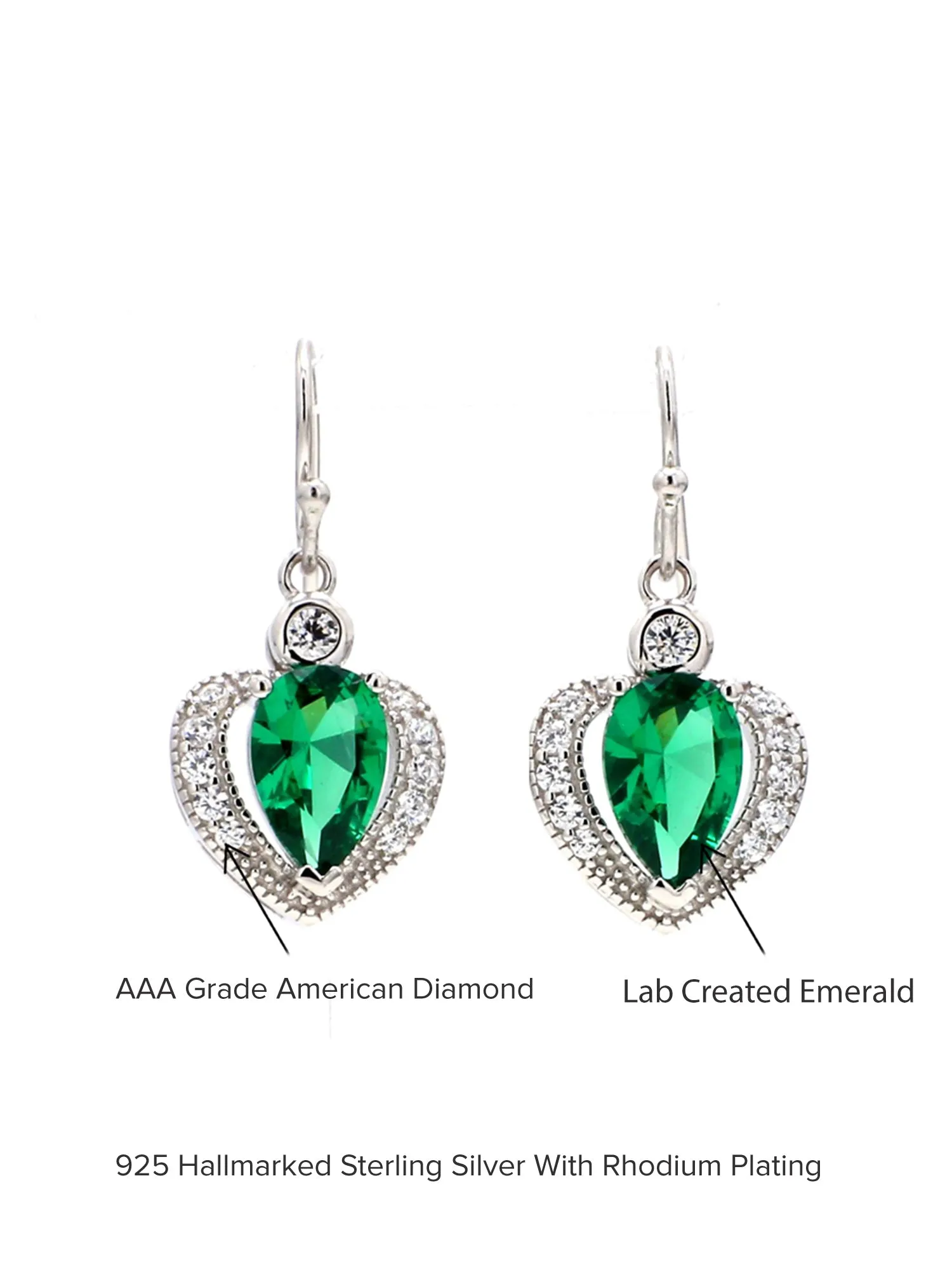 Heart Shaped Green Emerald 925 Silver Dangle Earrings For Women