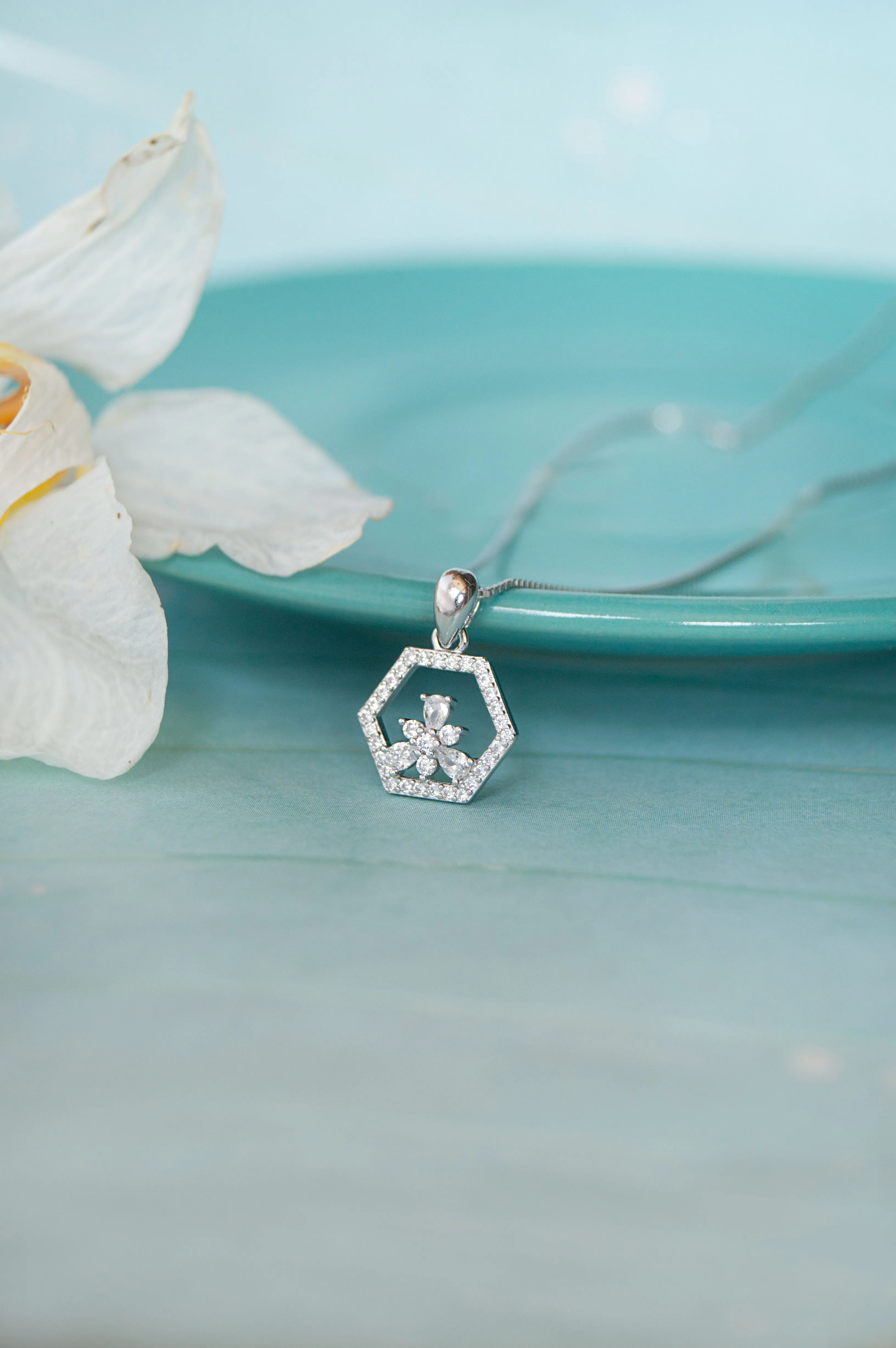 Hexagon With A Flower Sterling Silver Pendant