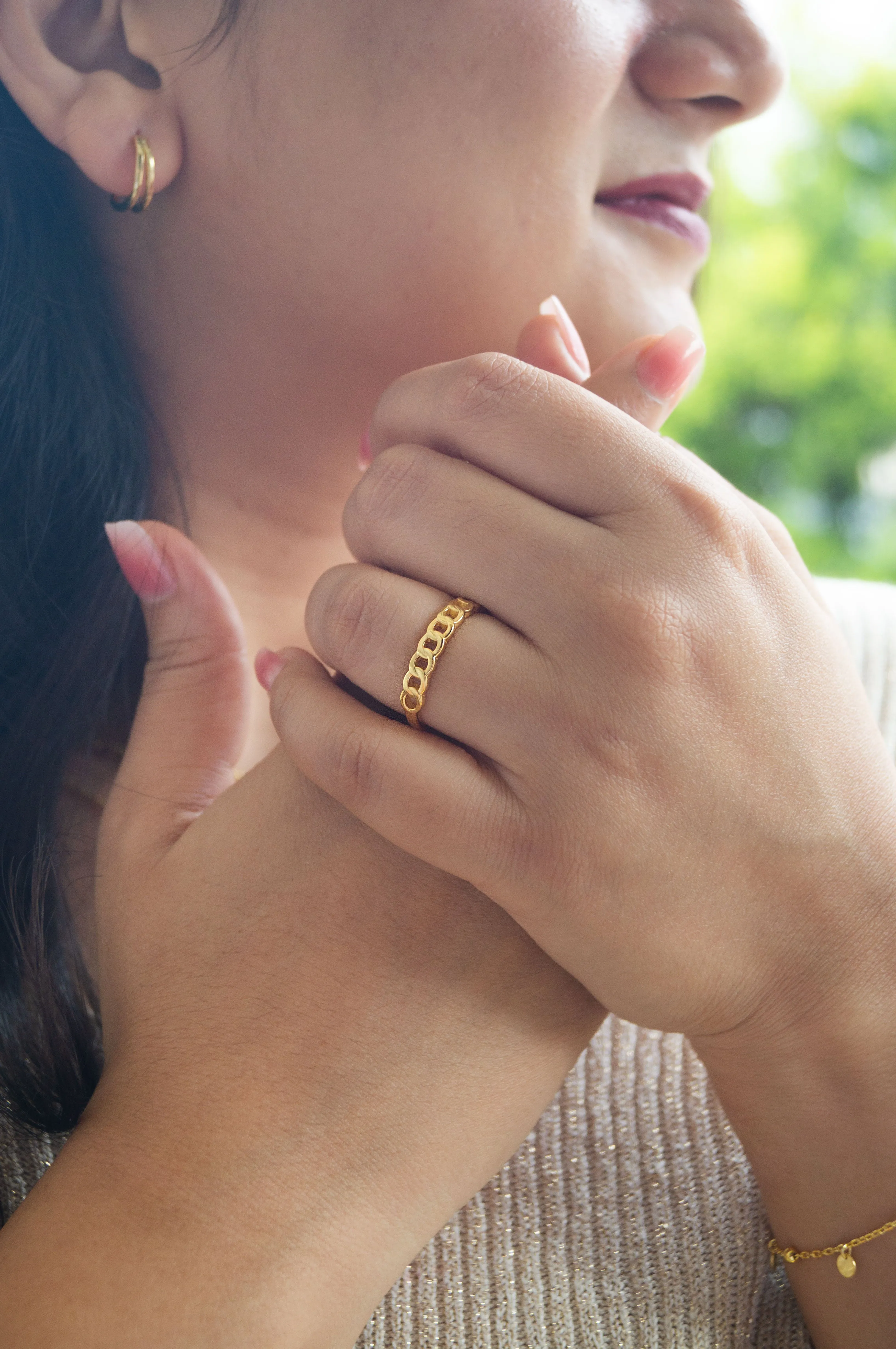 Interlinked Cuban Chain Rose Gold Plated Sterling Silver Adjustable Ring