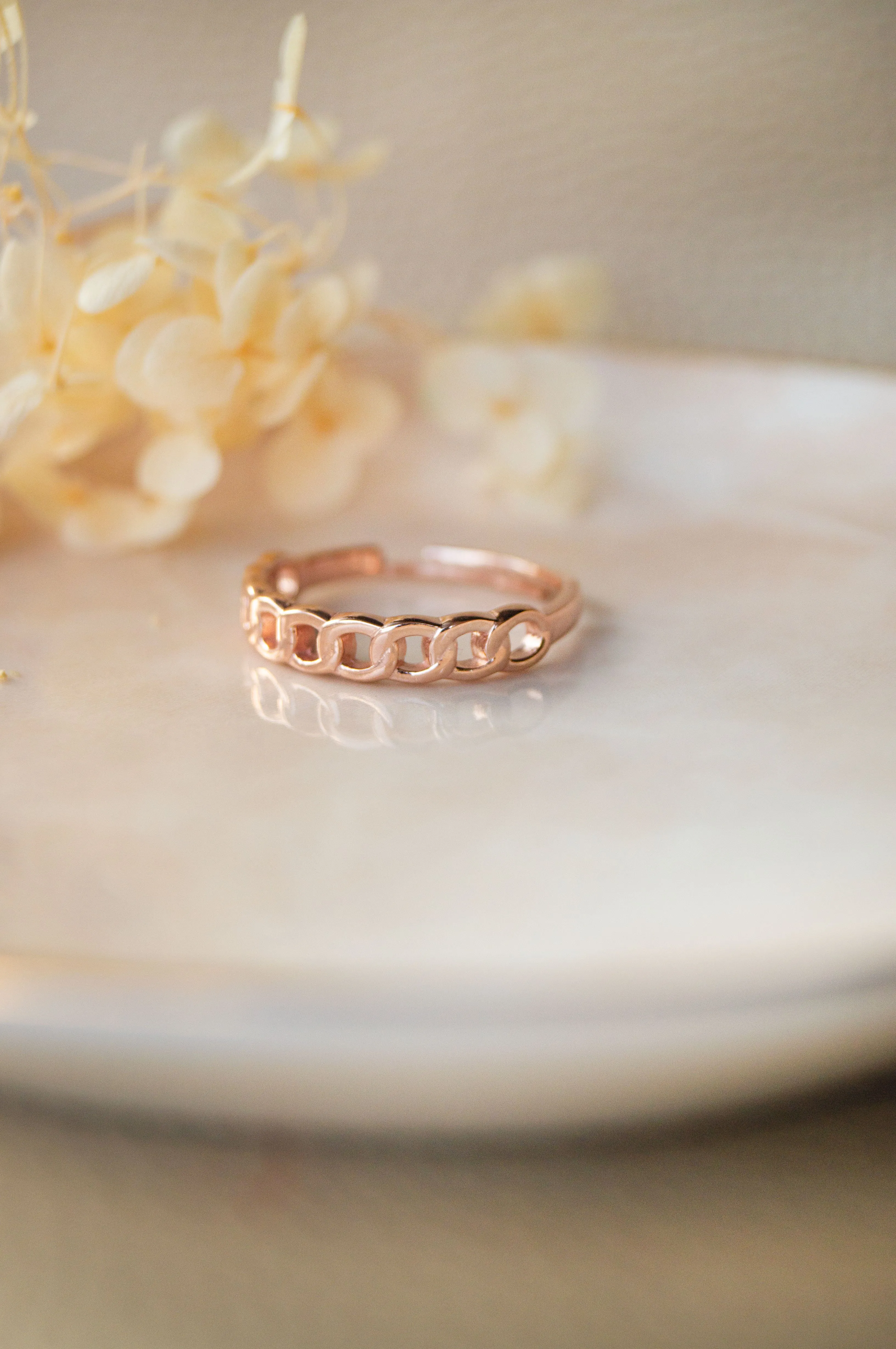 Interlinked Cuban Chain Rose Gold Plated Sterling Silver Adjustable Ring