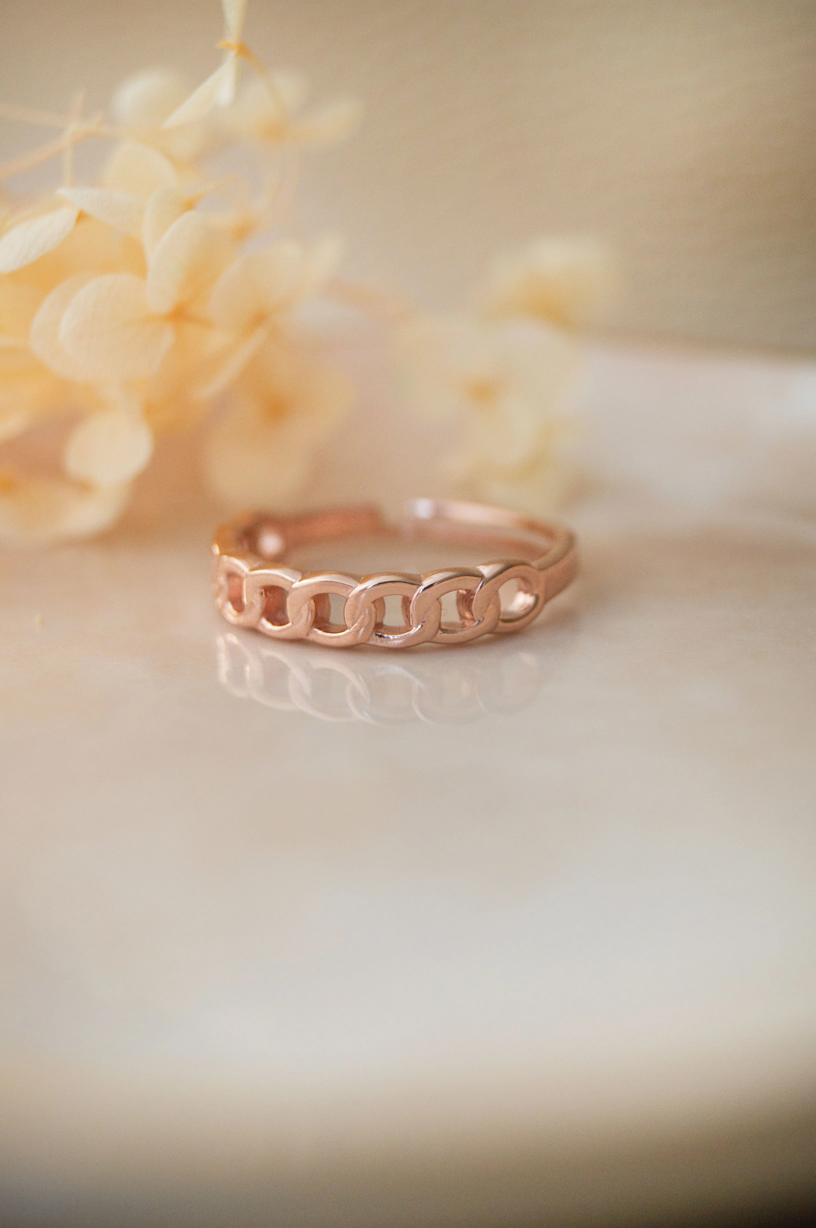 Interlinked Cuban Chain Rose Gold Plated Sterling Silver Adjustable Ring