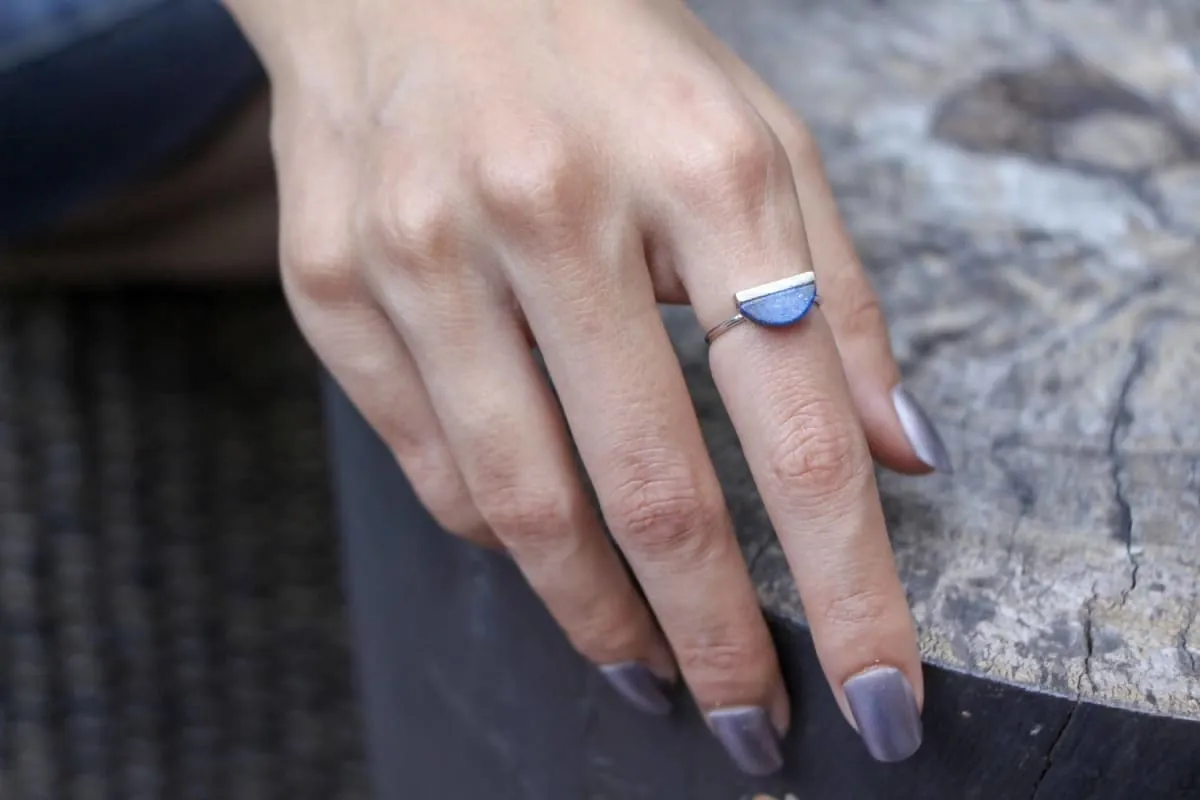 Lapis Lazuli Rhodium Ring, Half Moon Stone ,Ring/Toe Ring, Geometric Jewellery, Gypsy Ring, Bohemian Ring, Casual Jewelry MR30, Adjustable Ring