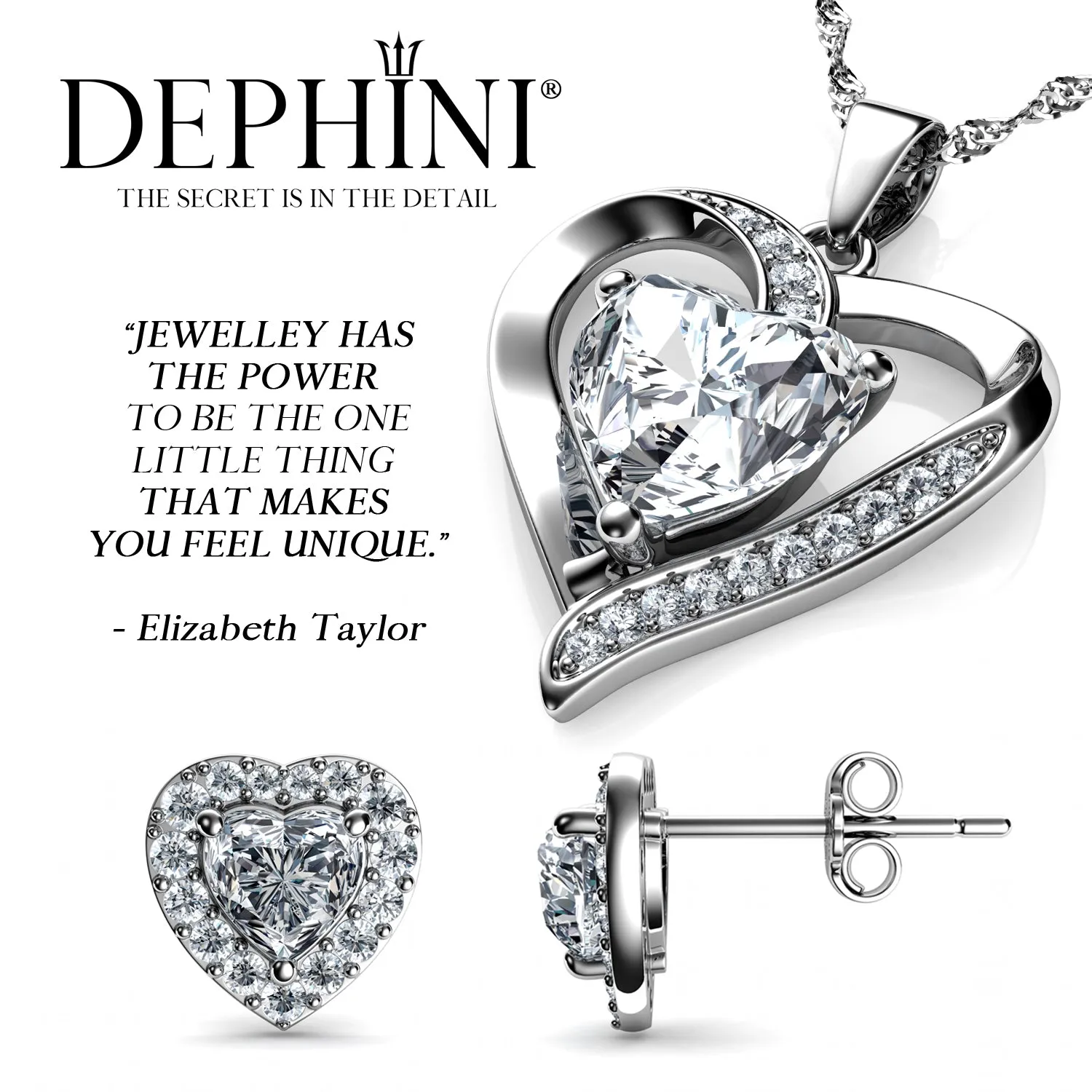 Luxury Jewelry Set Crystal Heart Necklace & Heart Earrings Dephini