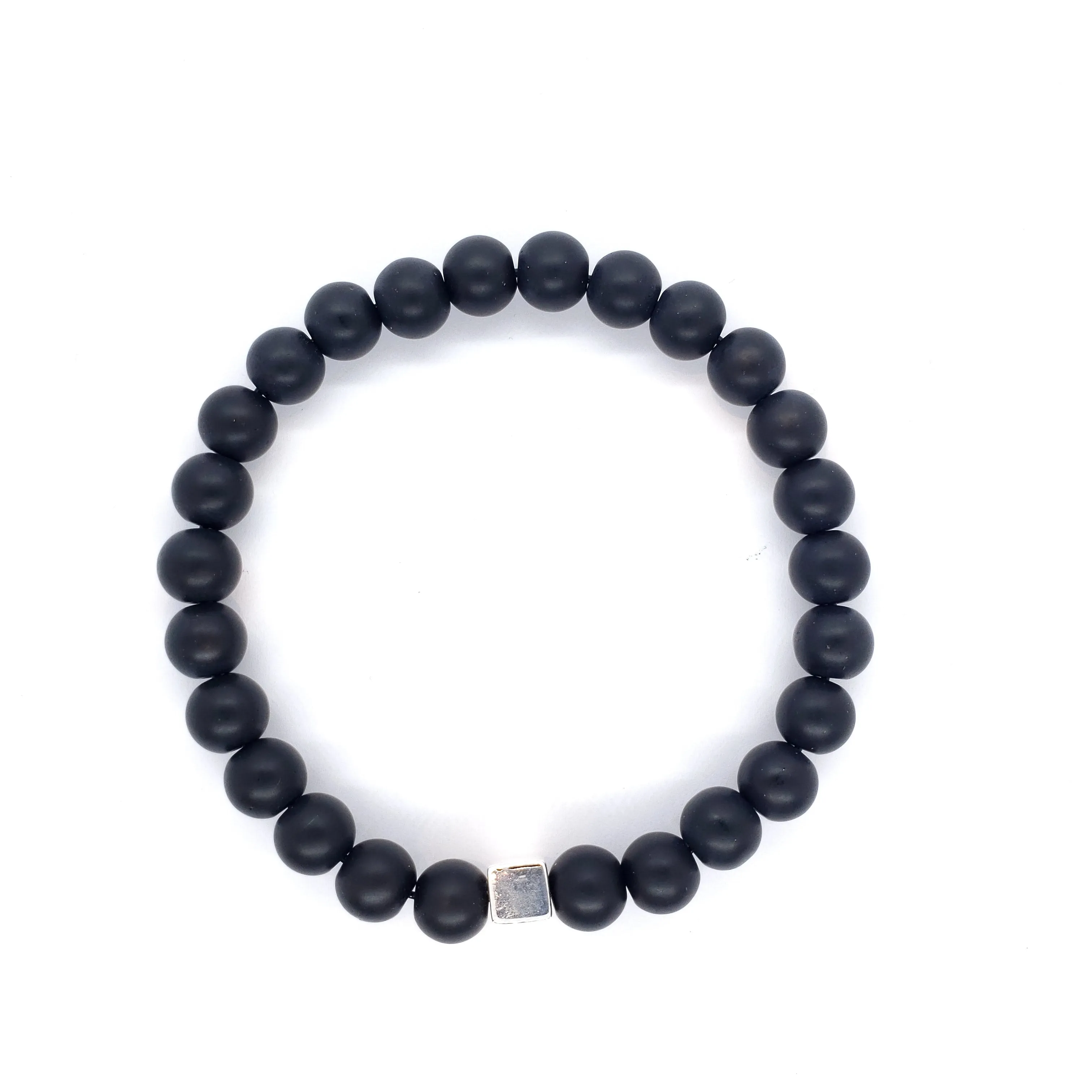 Matte Black Onyx with Silver Cube Beaded Bracelet