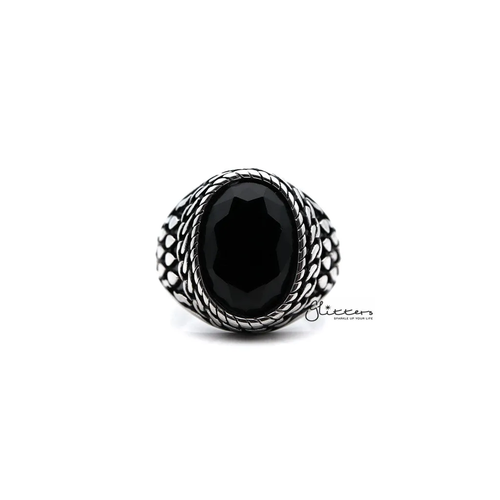 Men's Antiqued Stainless Steel Casting Rings with Black Oval CZ Stone