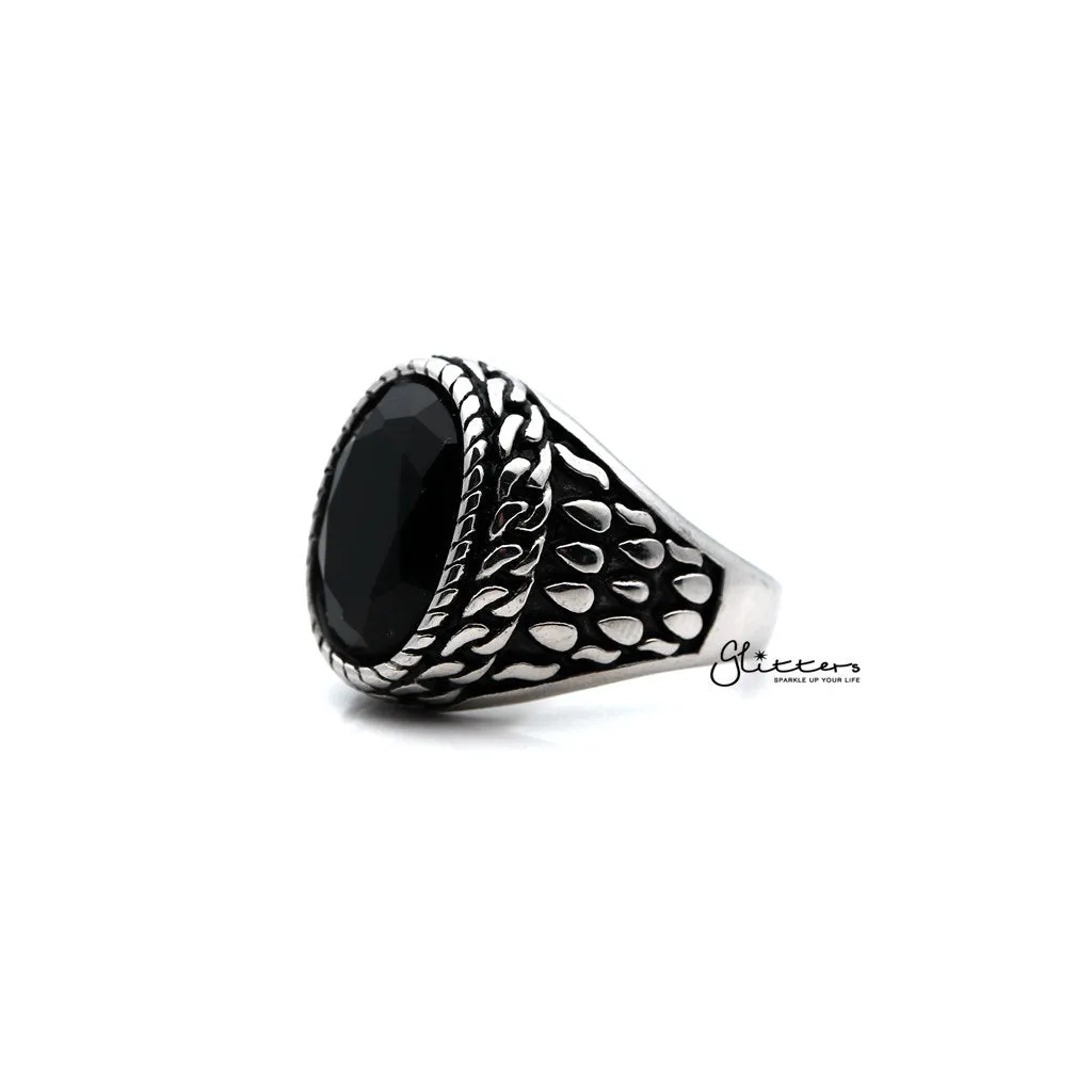 Men's Antiqued Stainless Steel Casting Rings with Black Oval CZ Stone