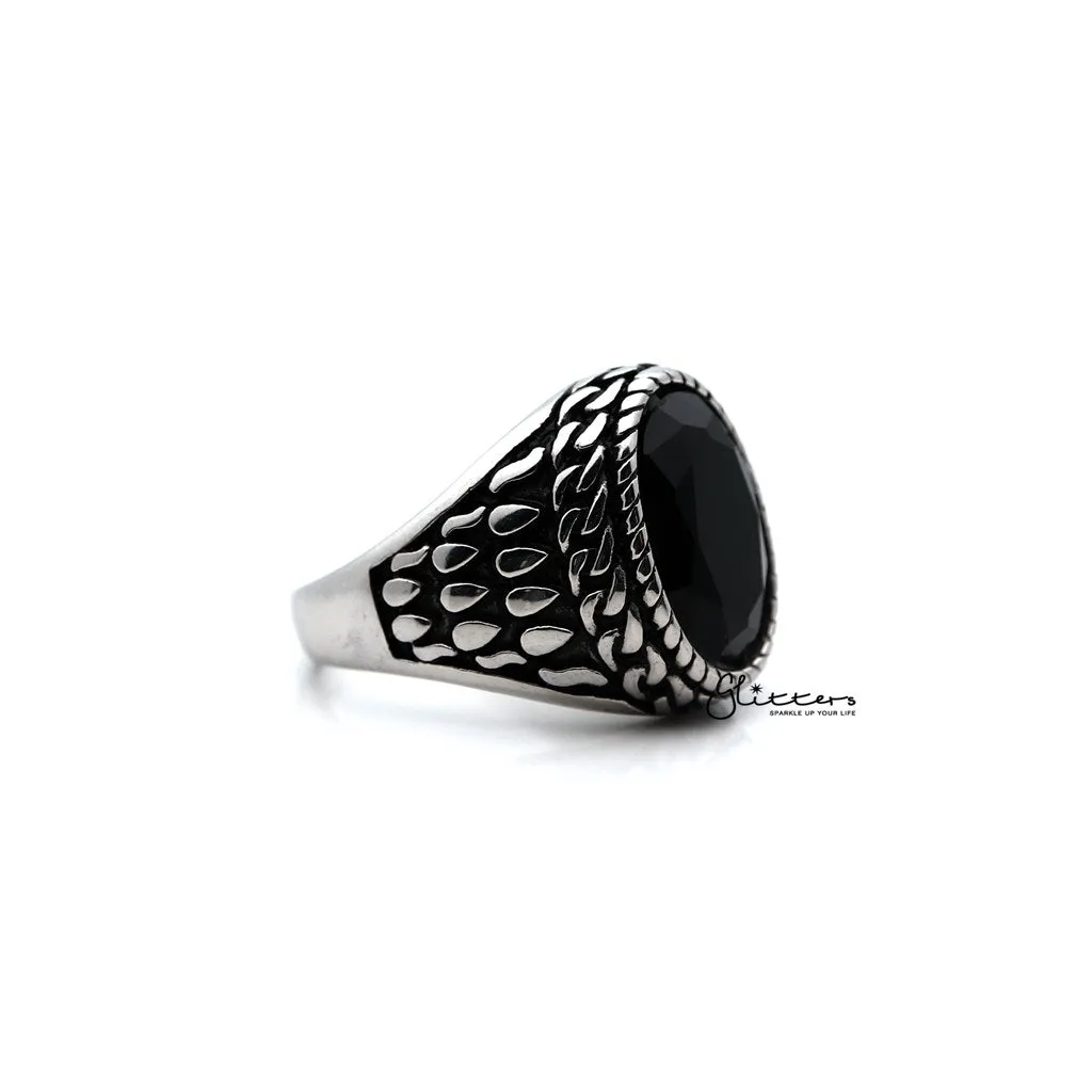 Men's Antiqued Stainless Steel Casting Rings with Black Oval CZ Stone