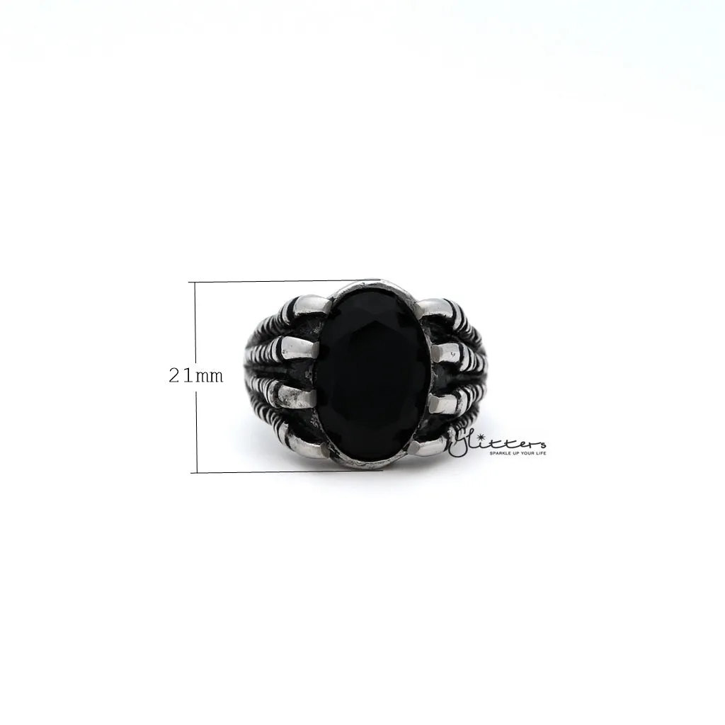 Men's Antiqued Stainless Steel Claw with Black CZ Stone Casting Rings