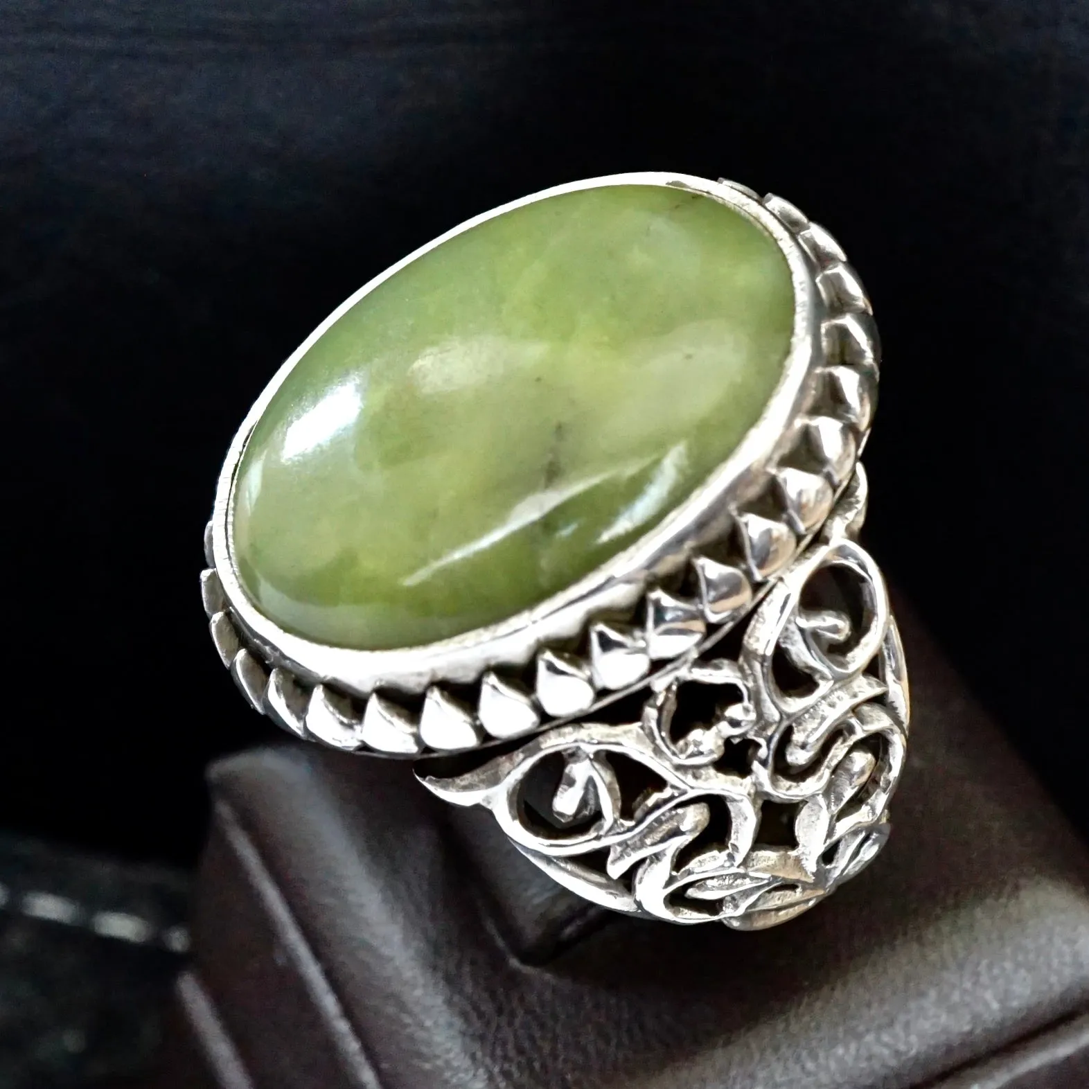 Men's Ring Green Jade natural big gemstone handmade 925 Sterling Silver Unique Artisan Jewelry