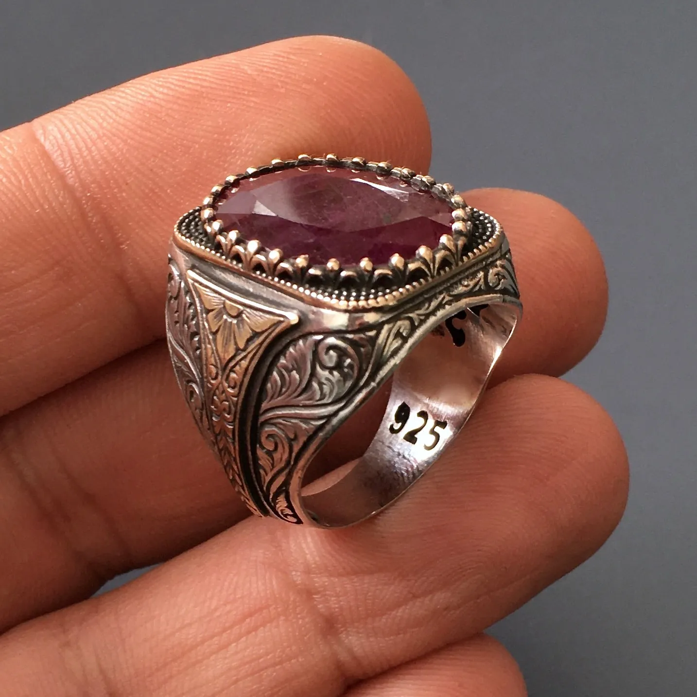 Men's Signet Ring Ruby Yaqoot natural big gemstone Sterling Silver 925 Turkish Artisan Handmade Jewelry