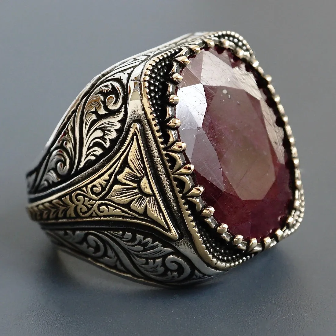 Men's Signet Ring Ruby Yaqoot natural big gemstone Sterling Silver 925 Turkish Artisan Handmade Jewelry