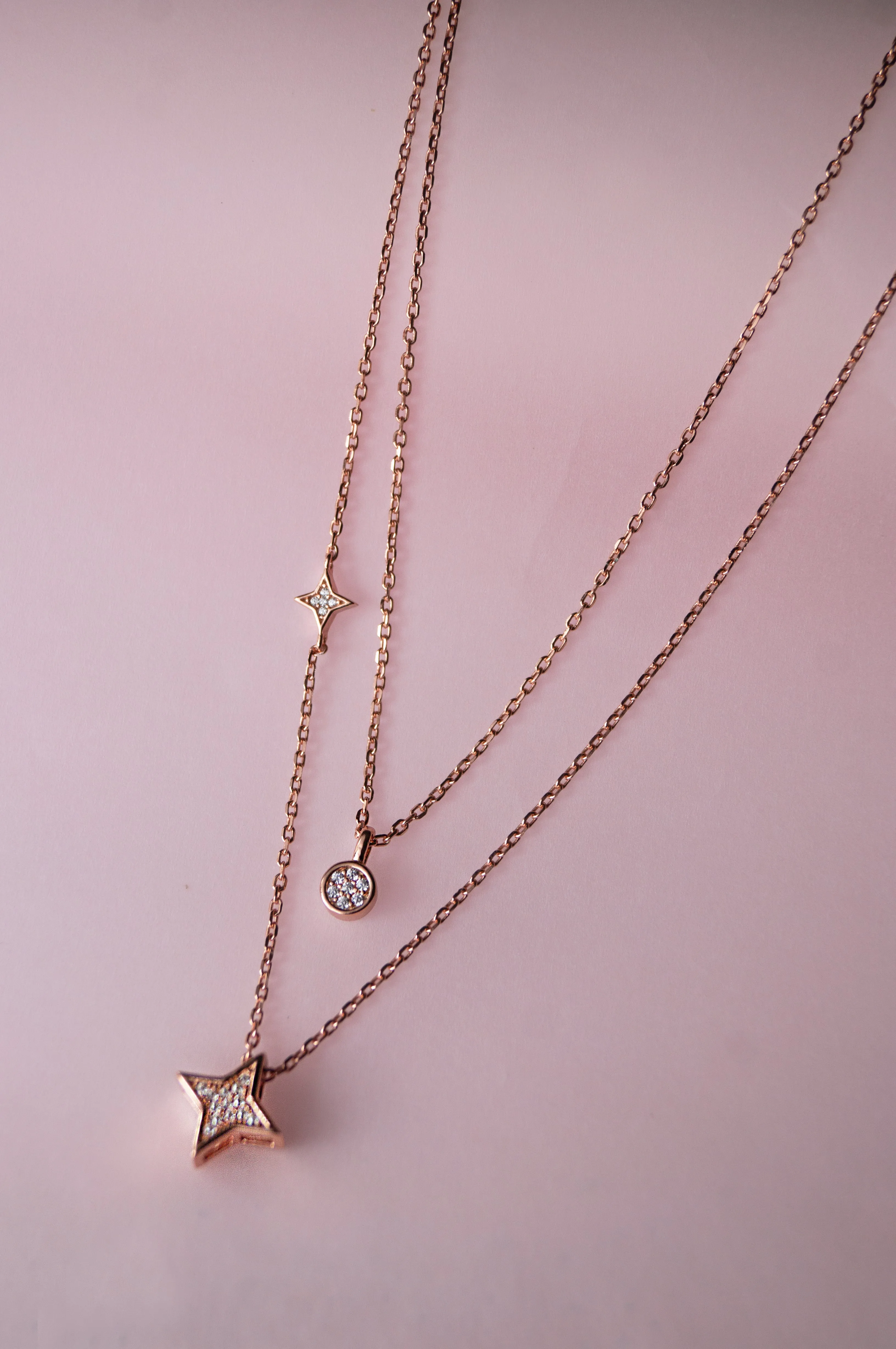 Multilayer Layer Starry Trail Rose Gold Plated Sterling Silver Necklace