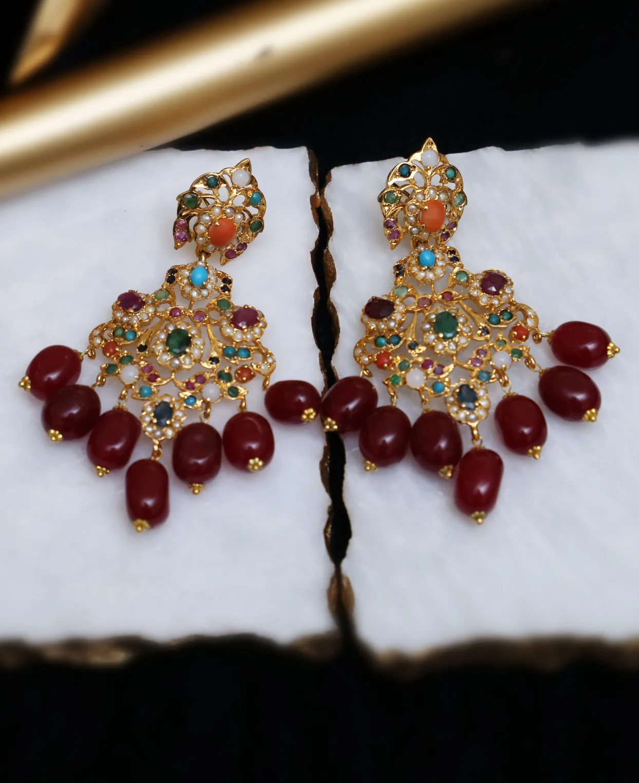 Naurattan with Ruby Drop Earrings