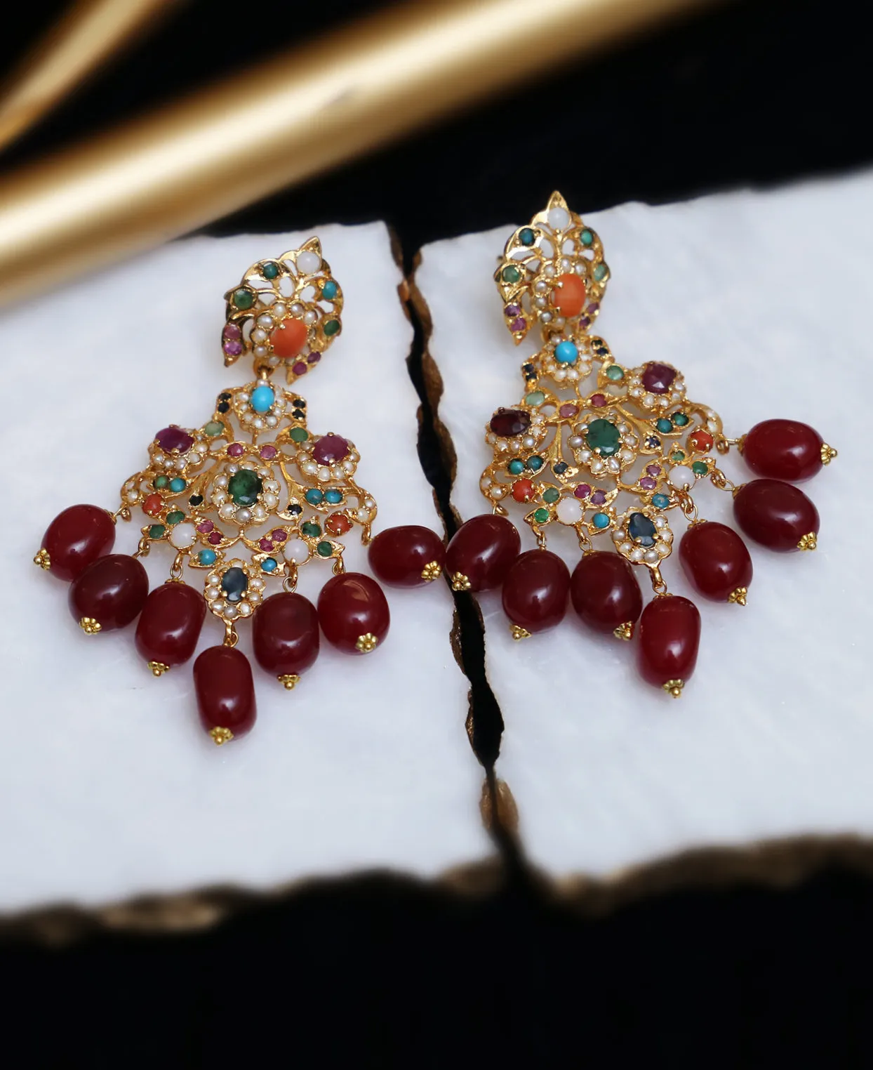 Naurattan with Ruby Drop Earrings