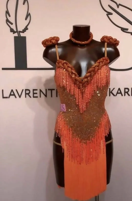 Orange Latin Dress With Swarovski Crystals