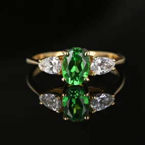 Pear Moissanite Tsavorite Green Garnet Ring in 14K Gold