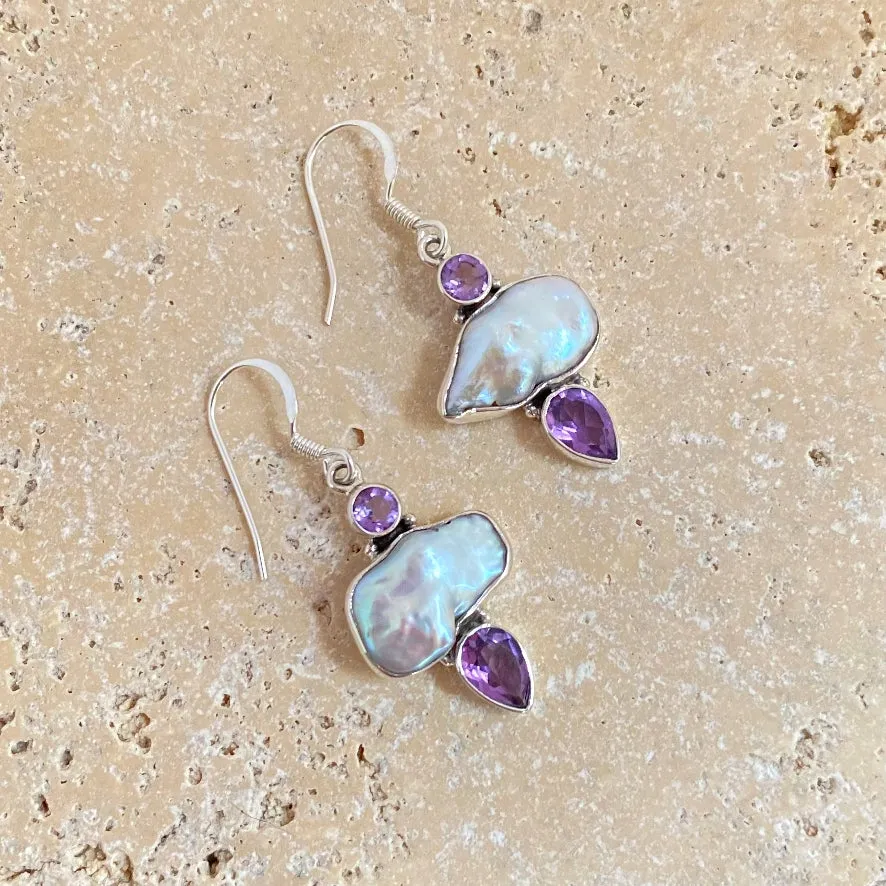 Pearl & Amethyst Earrings - Biwa