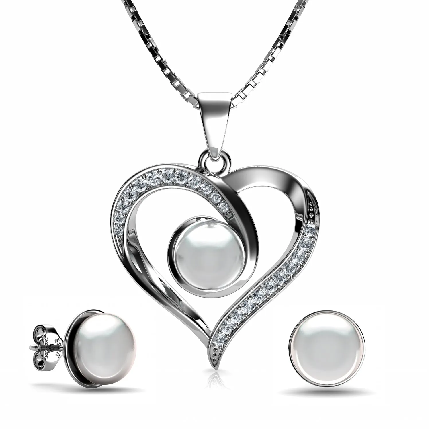 Pearl Jewellery Set Heart Necklace & Heart Earrings  Silver Pendat