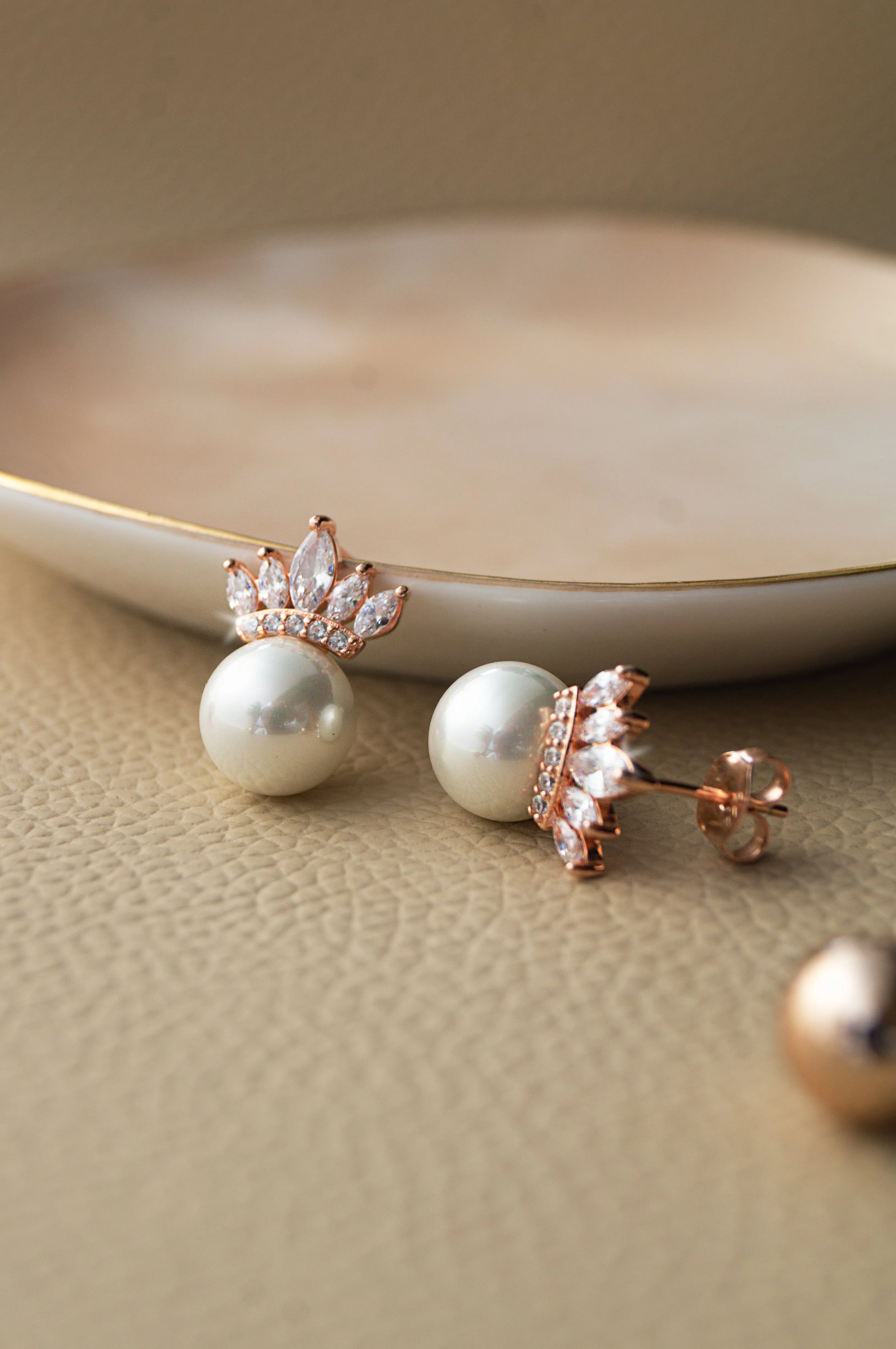 Pearl With A Crown Rose Gold Plated Sterling Silver Statement Stud Earrings