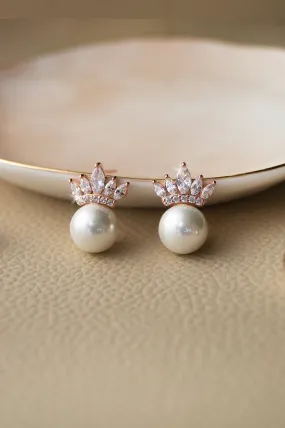 Pearl With A Crown Rose Gold Plated Sterling Silver Statement Stud Earrings