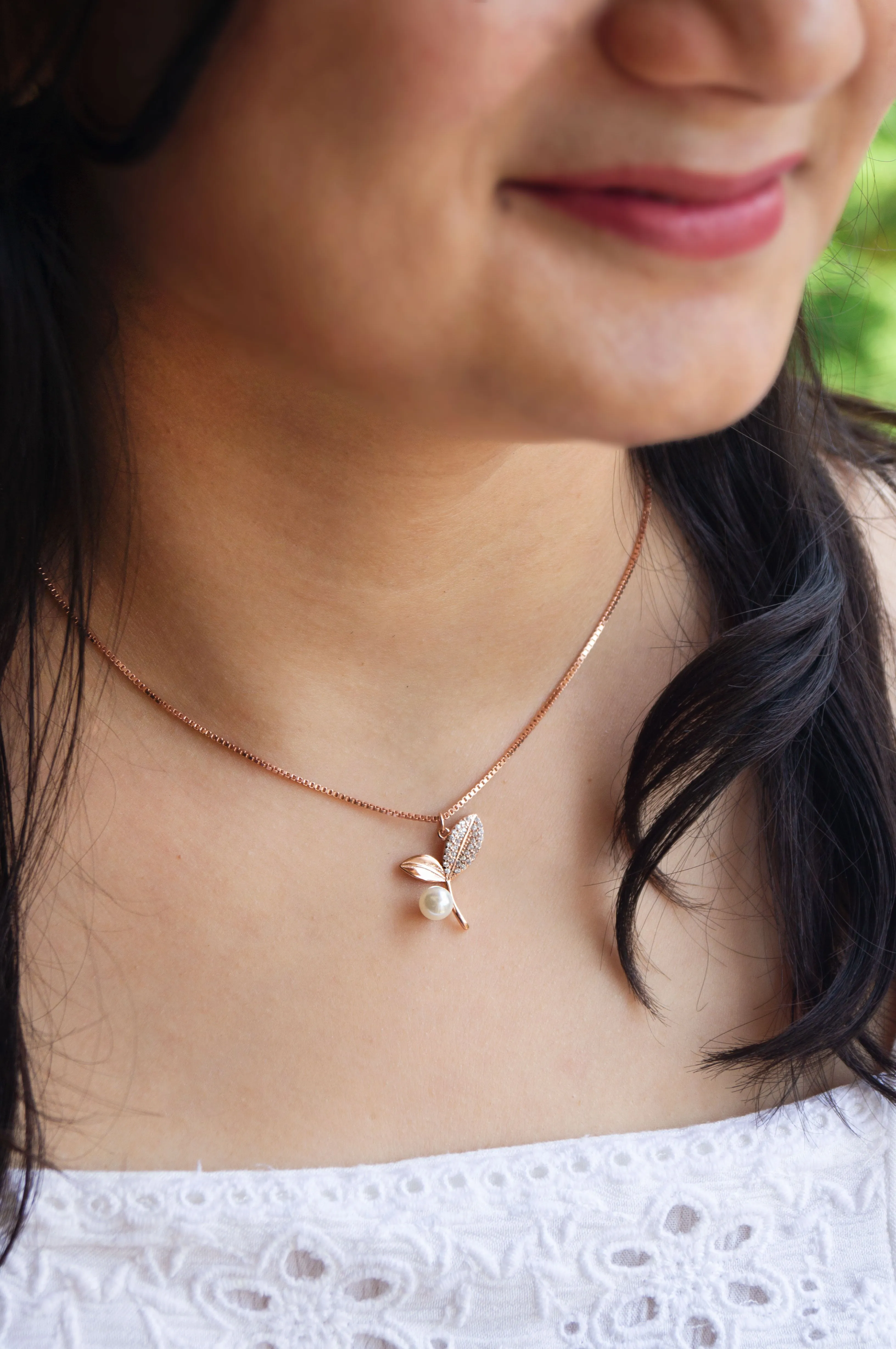 Pearly Leaflet Rose Gold Plated Sterling Silver Chain Necklace