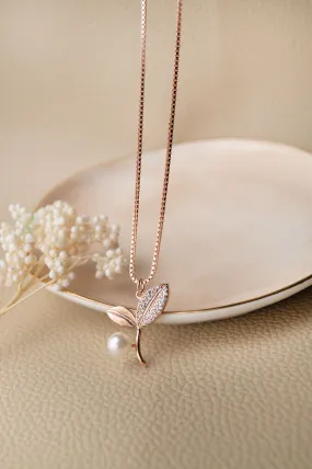 Pearly Leaflet Rose Gold Plated Sterling Silver Chain Necklace