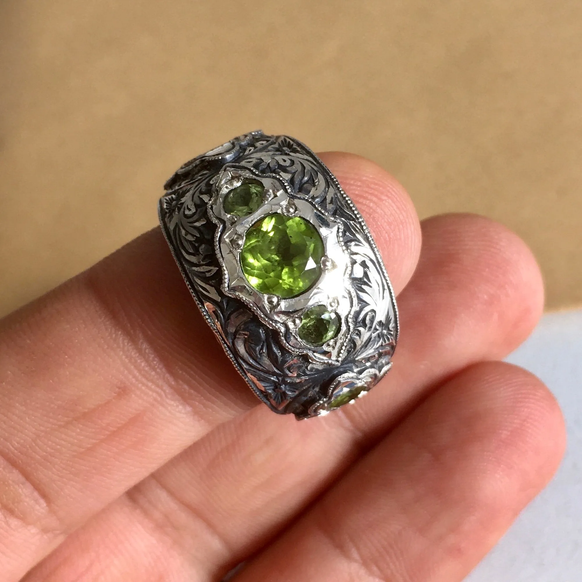 Peridot Mens Ring Artisan Handmade Sterling Silver Gemstone Jewelry