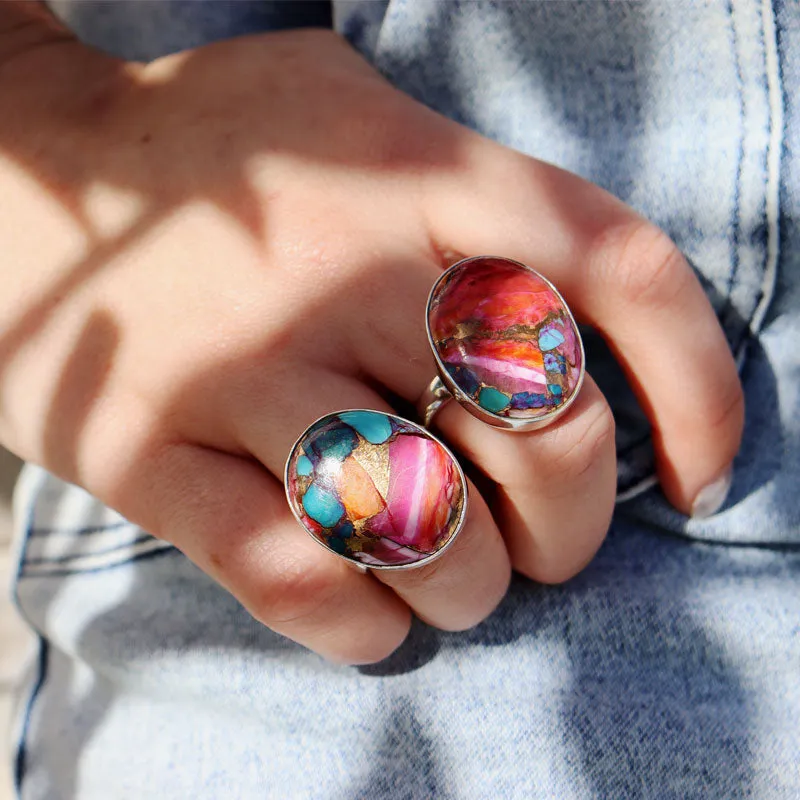 Pink Dahlia Copper Turquoise Ring