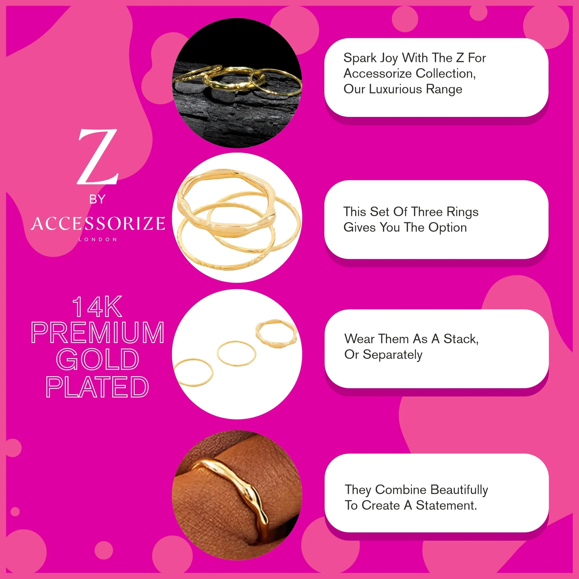 Real Gold Plated Z Gold Molten Rings Set Of Three-Large