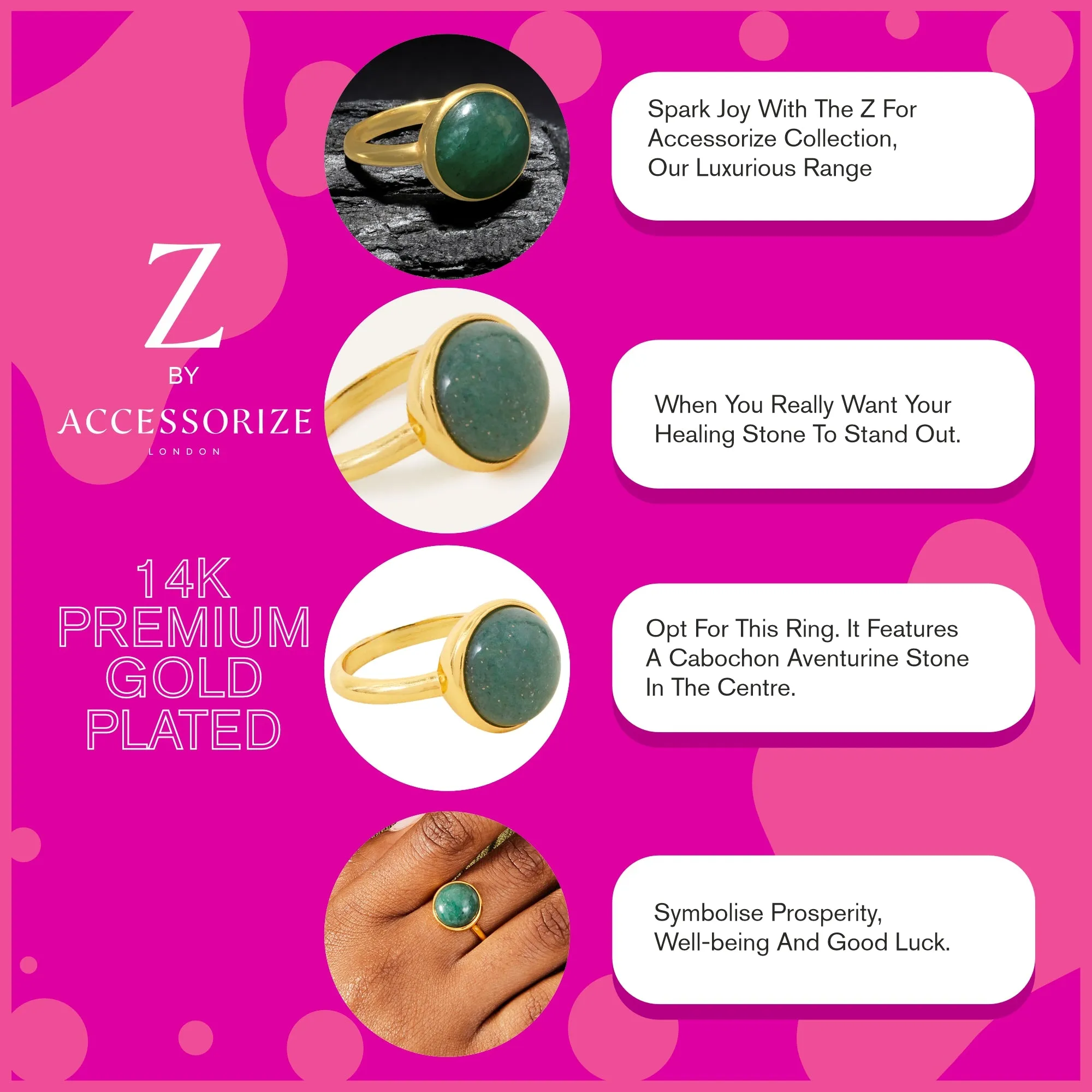 Real Gold Plated Z Green Aventurine Cabochon Ring-Medium